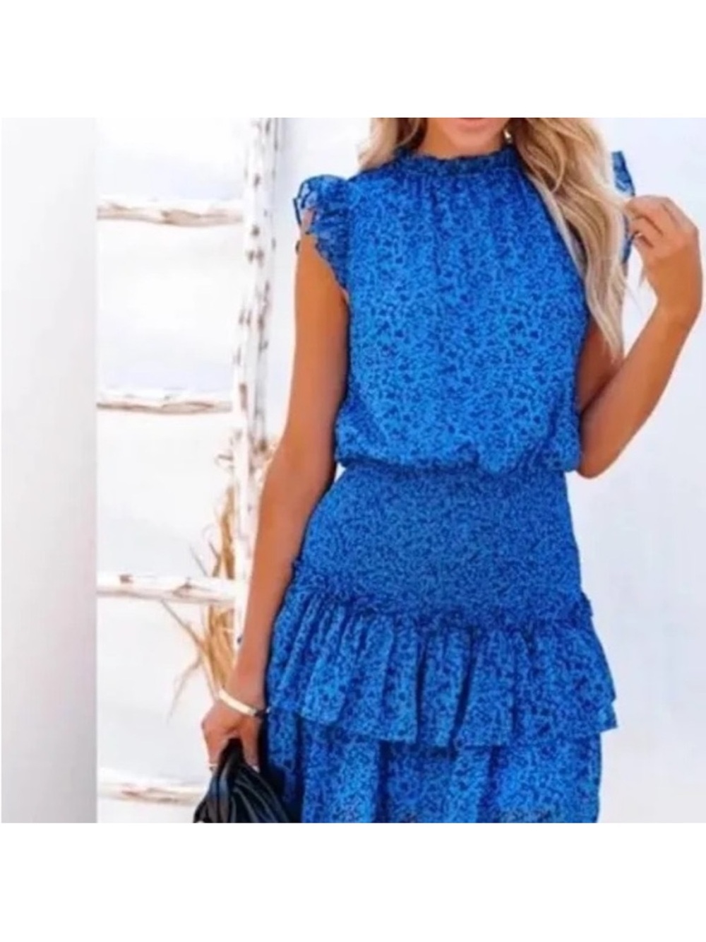TCEC Royal Blue Floral Mini Dress smocked waist size L large